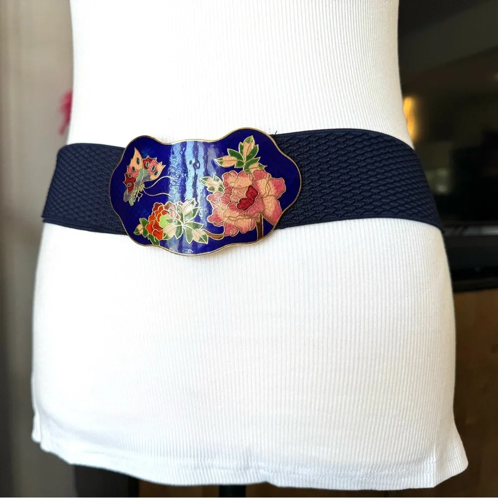 Vintage Cloisonné Floral Blue Stretchy Belt